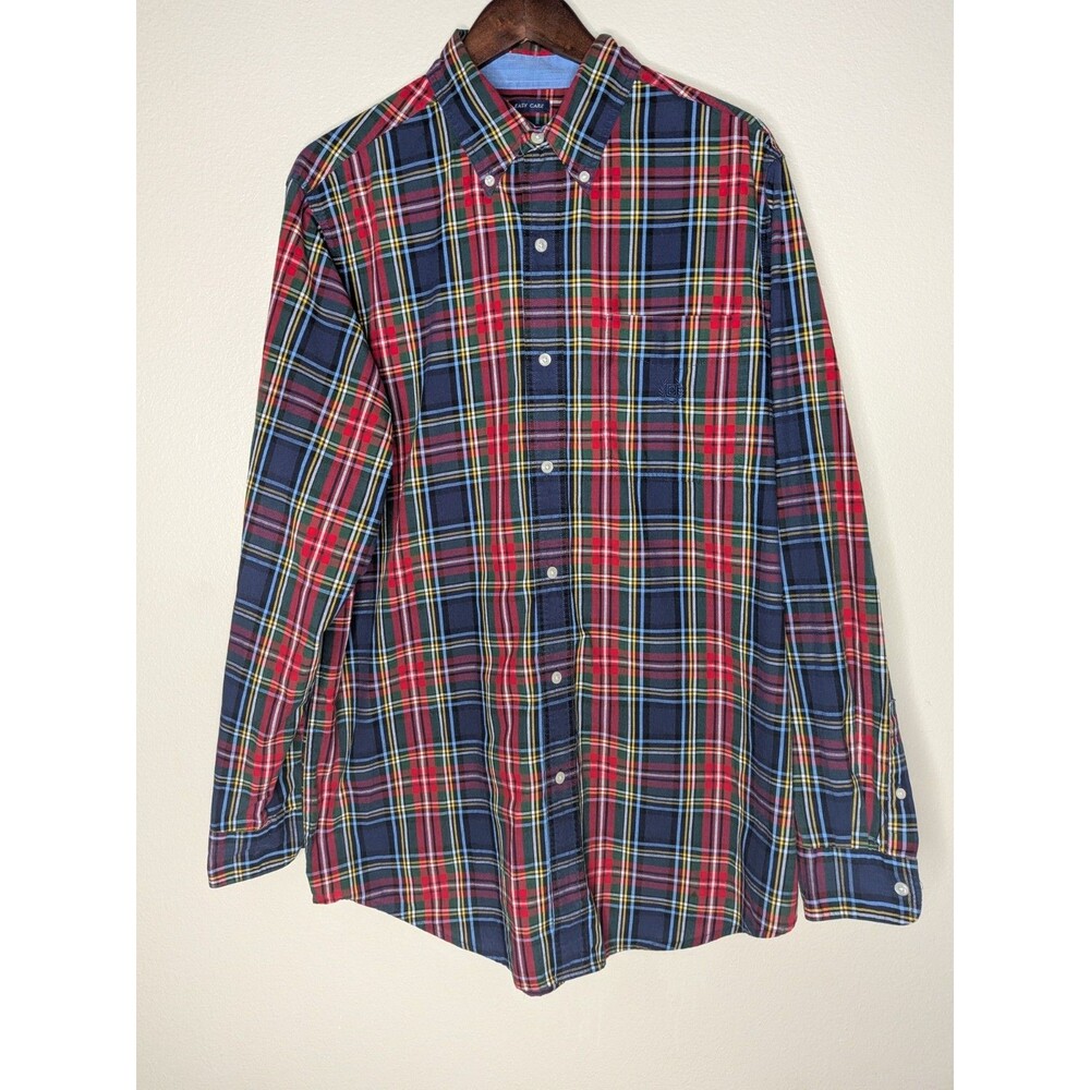 Chaps Men’s Large Tall Plaid Button Down Shirt Navy Red Green Preppy L Tall